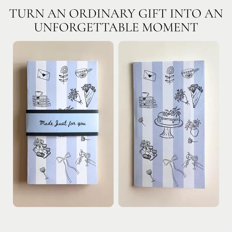 Blue handmade gift card holder book with striped cover and doodle illustrations of flowers, books, cake, and bows. Front band reads “Made Just for You.” Unique birthday card alternative, perfect for son, boyfriend, coworker, or college survival kit gift, turning a simple gift card into a memorable keepsake.