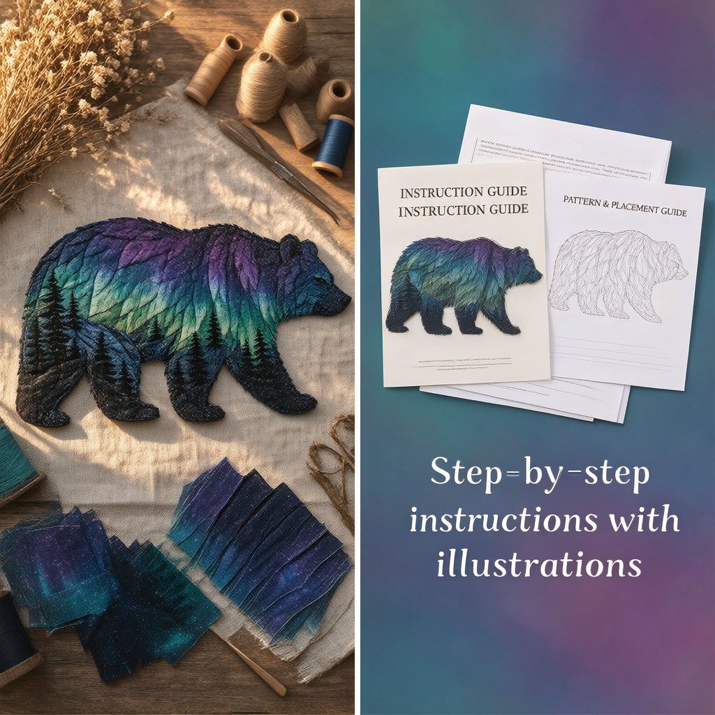 DIY patchwork fabric pieces and illustrated placement guide