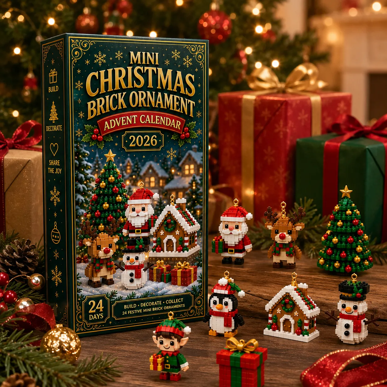 Green and gold advent calendar box beside completed Christmas brick ornaments