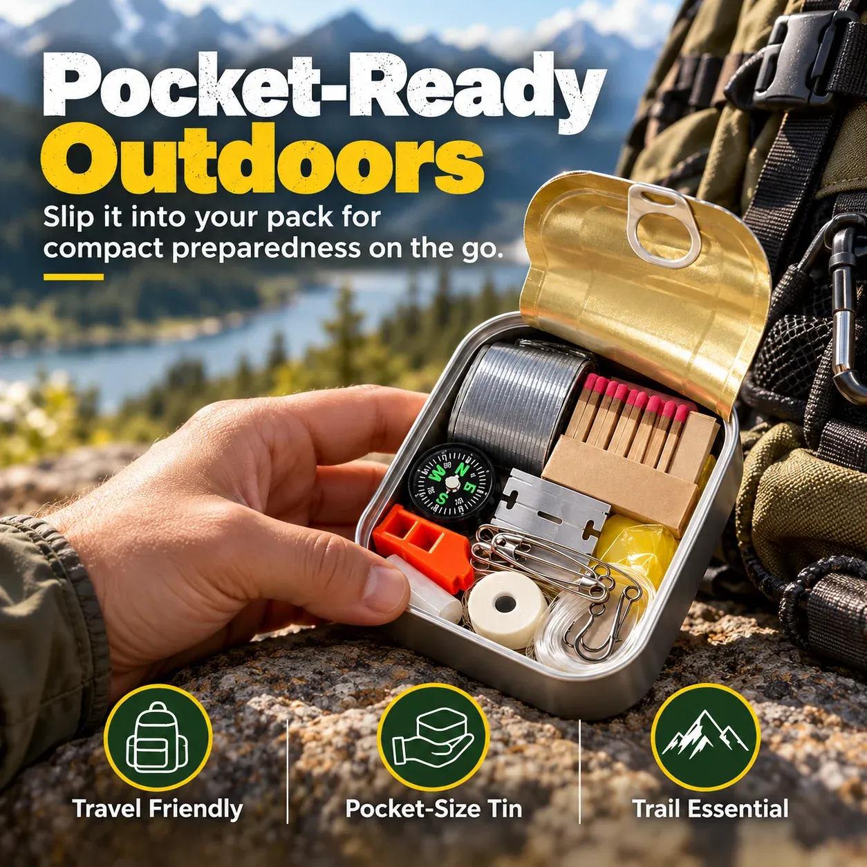 Pocket survival kit held beside backpack during outdoor hiking trip