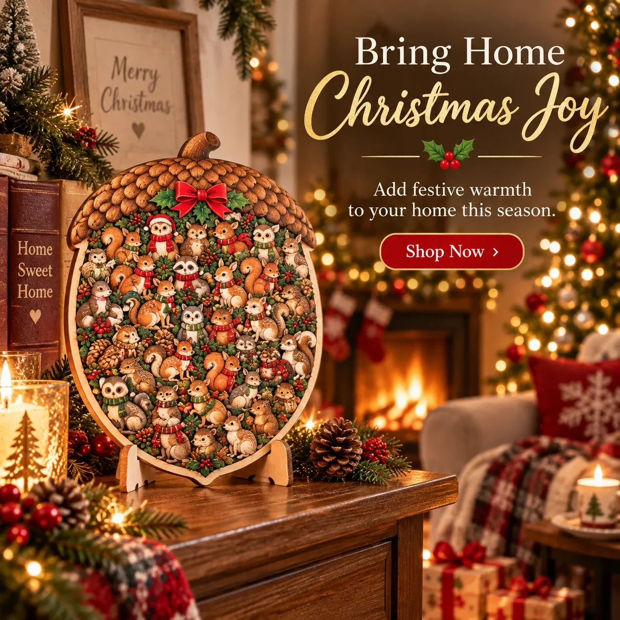 Completed wooden Christmas puzzle among Christmas decorations