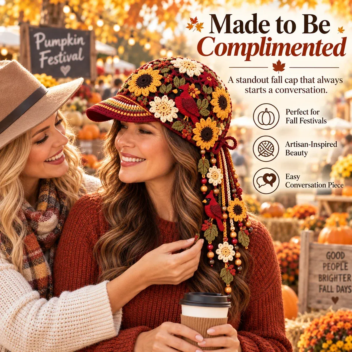 Woman wearing the Autumn Bloom Cap at a fall festival