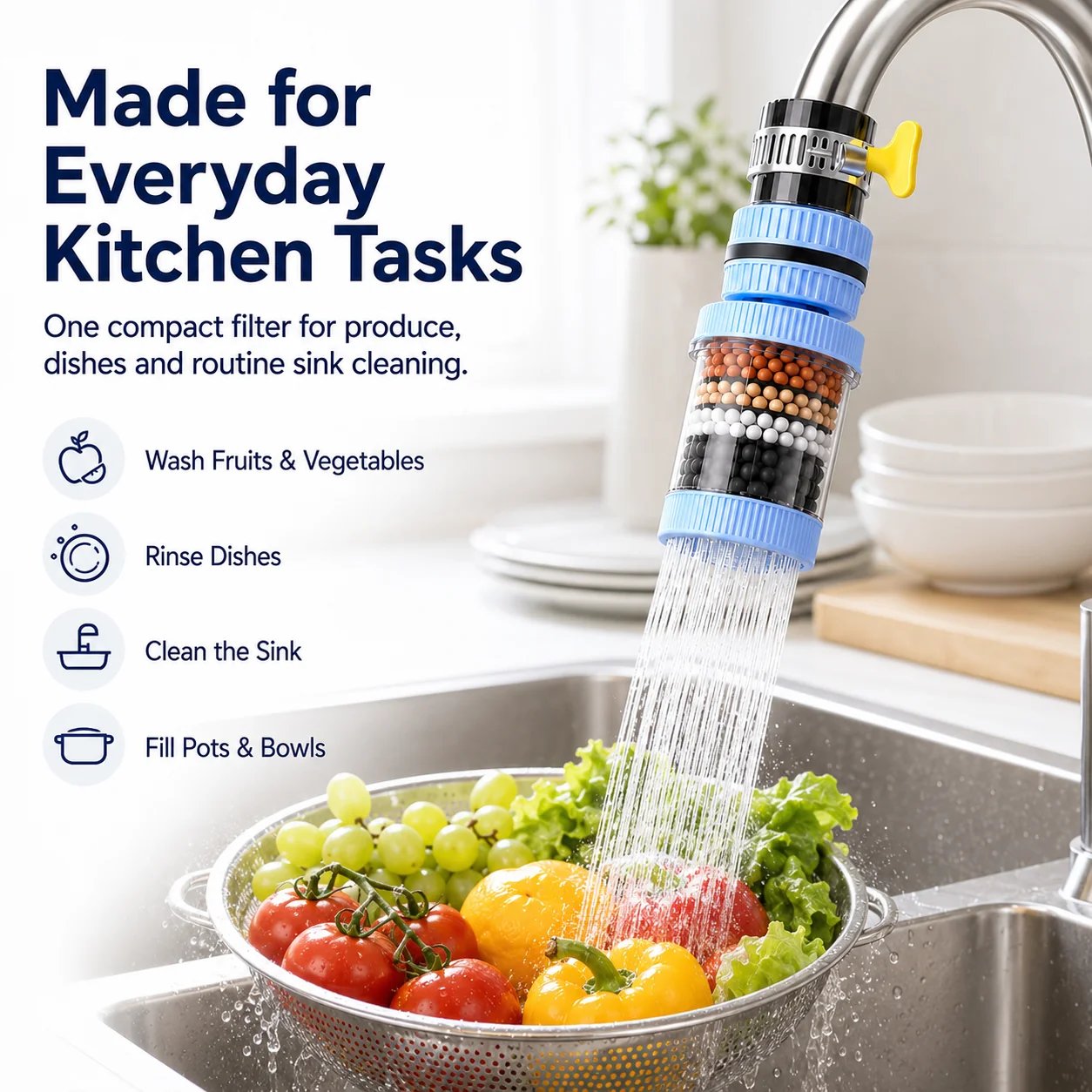 Rotating faucet filter used for everyday kitchen rinsing