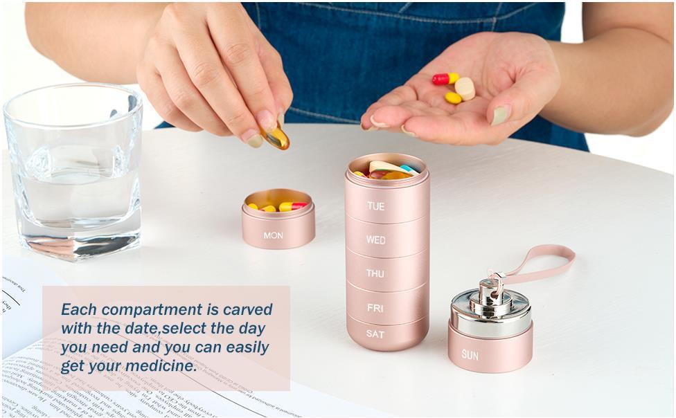 Metal Travel Pill Organizer, Portable Waterproof Weekly Pill Box, Large Aluminum Alloy Container, BPA Free 7 Day Daily Medicine Organizer Holder for Vitamin, Fish Oil, Supplement Storage box