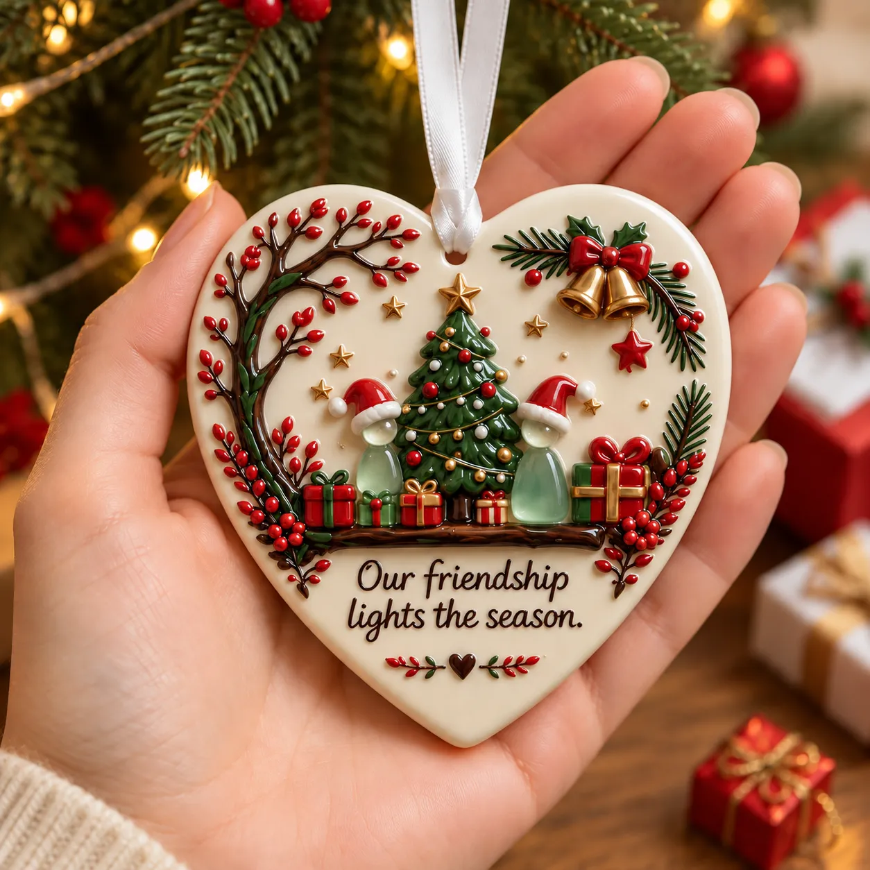Glazed ceramic Christmas heart ornament with sea glass figures