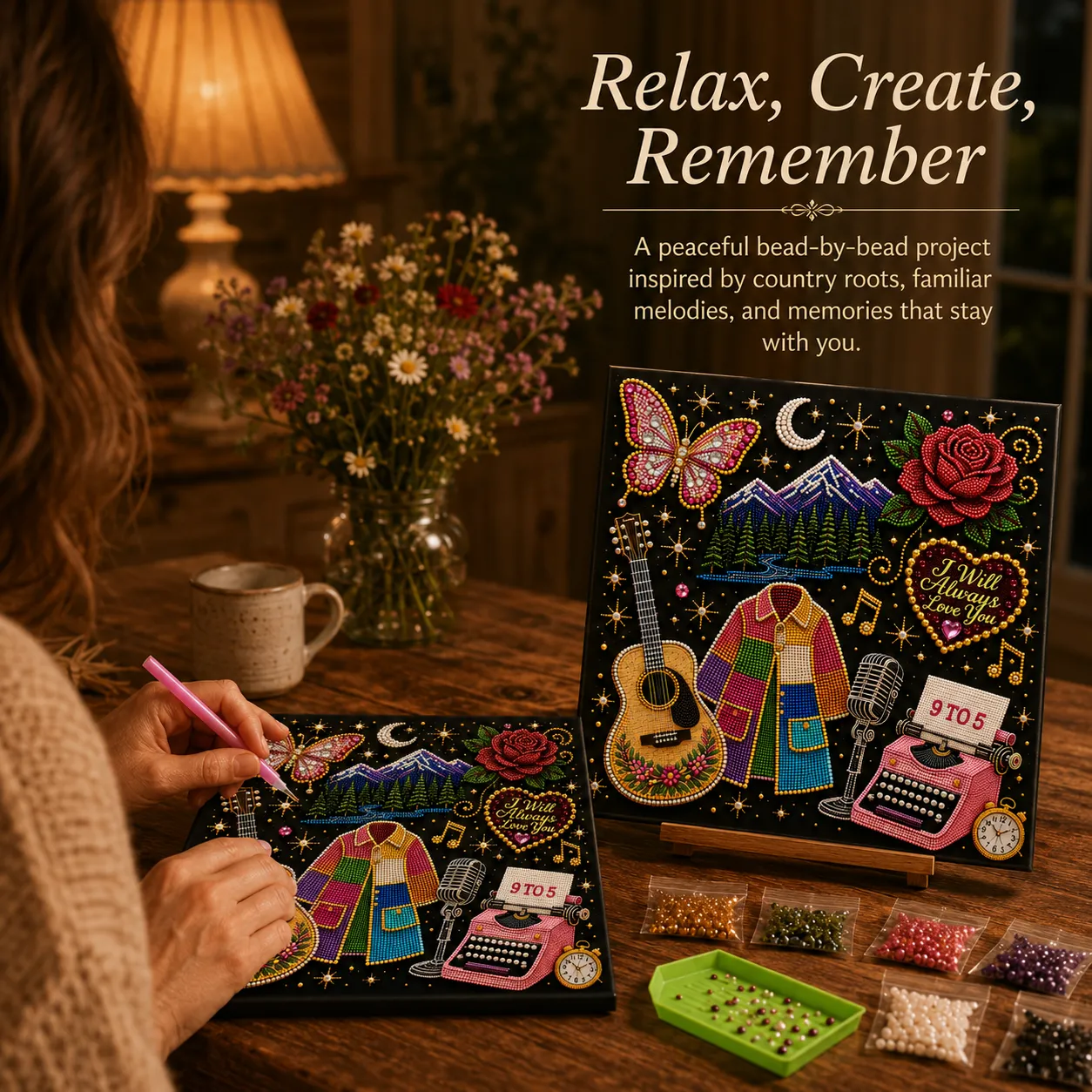 Country music inspired DIY bead art kit being made at a cozy craft table Country music inspired DIY bead art kit being made at a cozy craft table