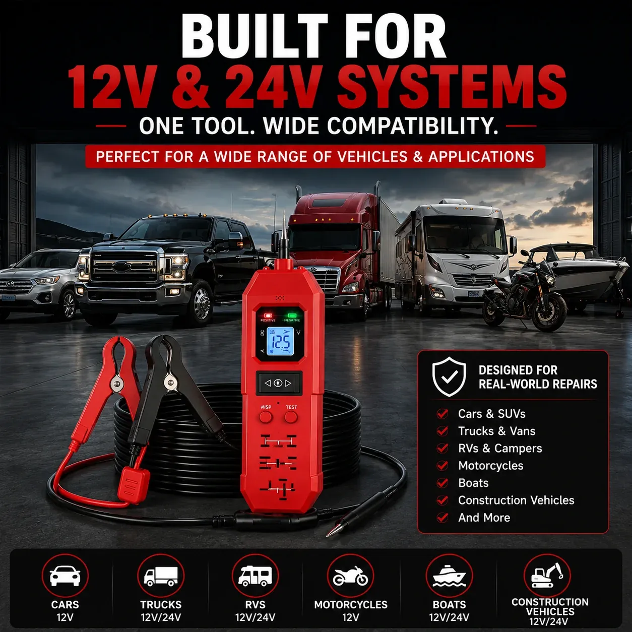Automotive circuit tester compatible with cars trucks RVs motorcycles boats and construction vehicles