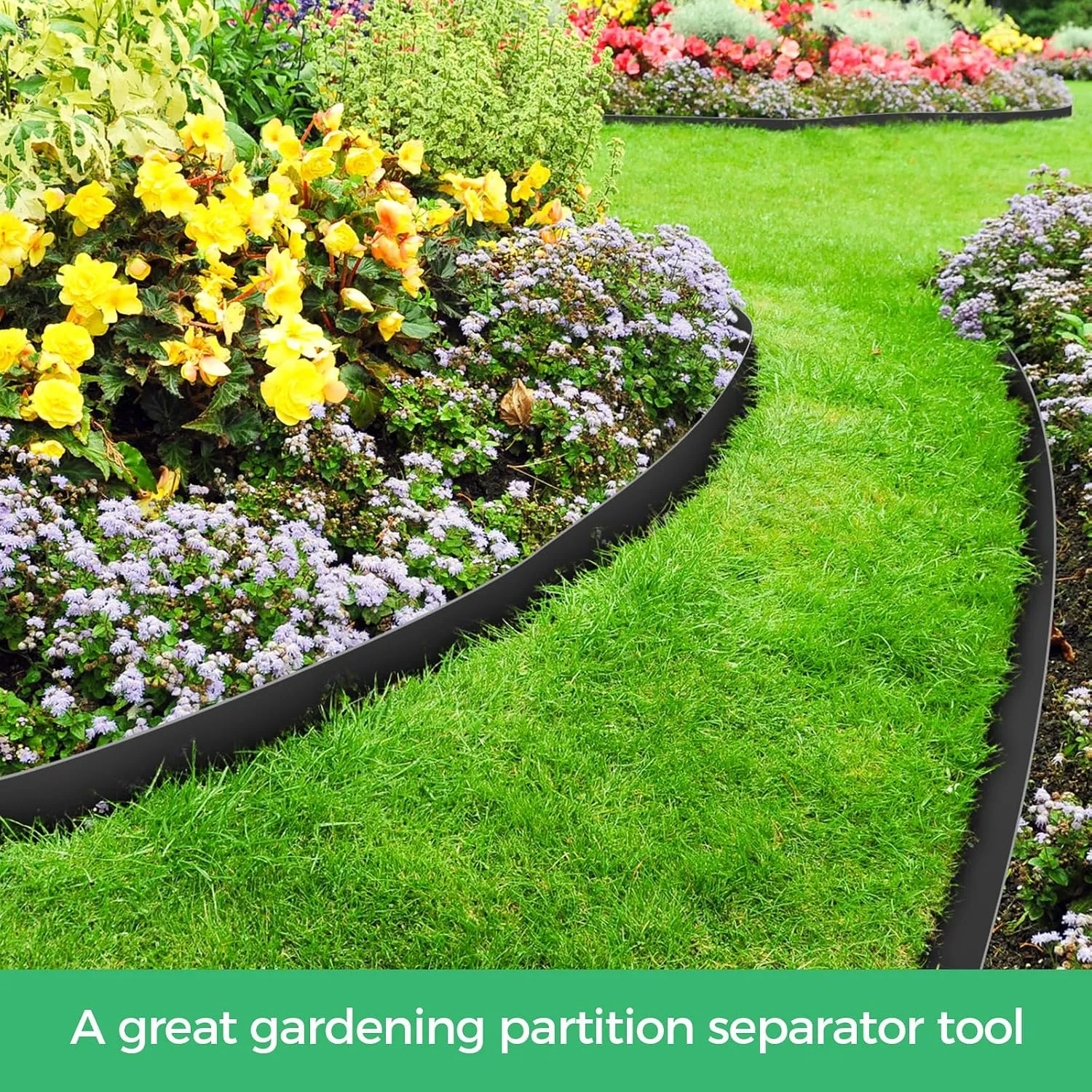 Black flexible garden edging separating flower beds from lawn
