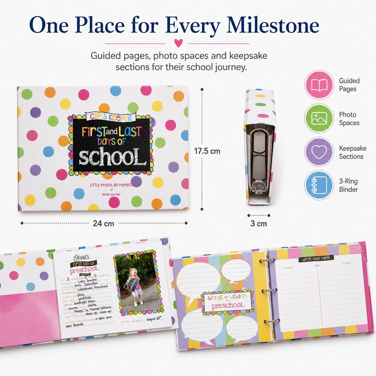 School memory binder dimensions and overview of its guided pages, photo spaces, keepsake sections and three-ring binding